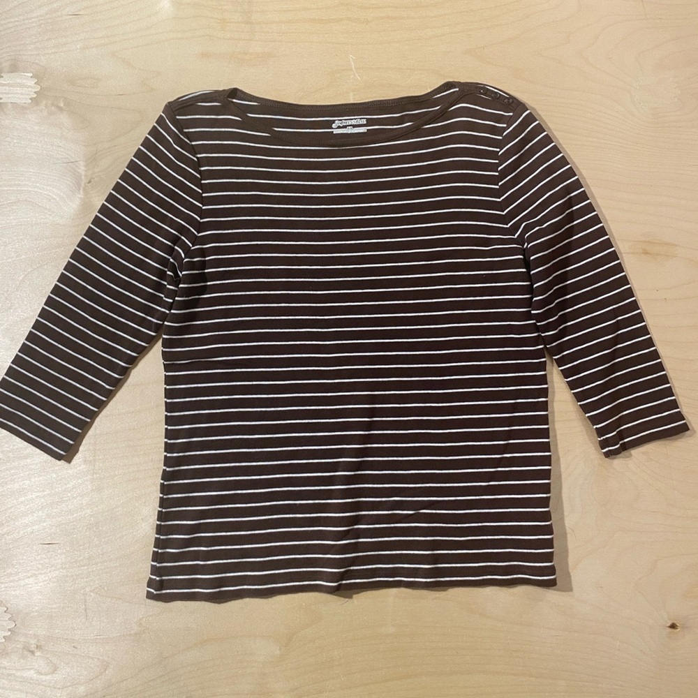 St. John's Bay Brown and White Striped Long Sleeve Top Medium (QS)